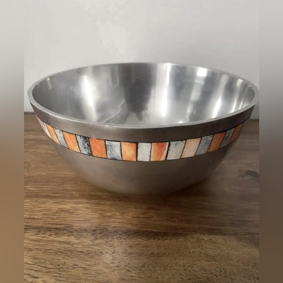 Polished Pewter Metal LARGE Bowl with Mother of Pearl Detail - Picture 1 of 8